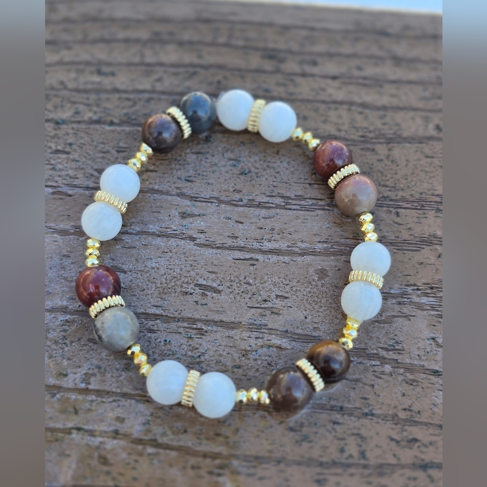 Petrified Wood And Hematite Beaded Bracelet  With Gold Toned Accents